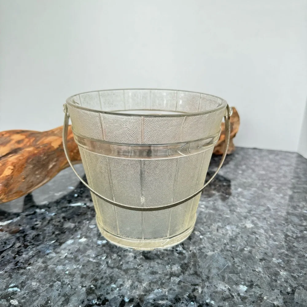 VTG Frosted Glass Wooden Pail Design Ice Bucket With Hammered Metal Swing Handle